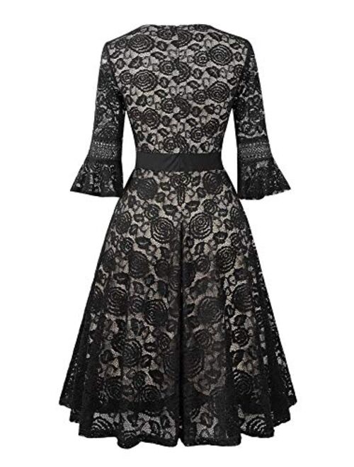 Twinklady Women's Vintage Full Lace Bell Sleeve Big Swing A-Line Dress