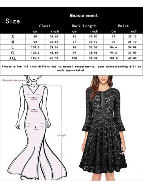 Twinklady Women's Vintage Full Lace Bell Sleeve Big Swing A-Line Dress