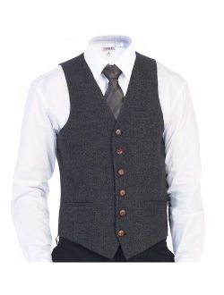 Men's 6 Button Slim Fit Formal Herringbone Tweed Vest