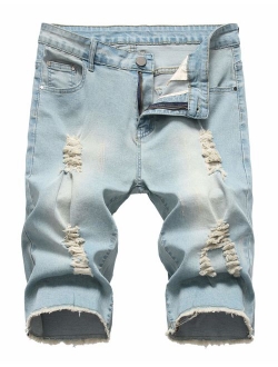 Sarriben Men's Casual Summer Distressed Button up Stretch Ripped Jeans Shorts with Repair Rips