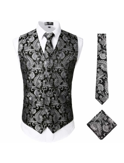 Mens Classic 3pc Jacquard Paisley Vest Set Necktie Pocket Square Waistcoat for Suit or Tuxedo