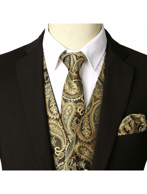ZEROYAA Mens Classic 3pc Jacquard Paisley Vest Set Necktie Pocket Square Waistcoat for Suit or Tuxedo