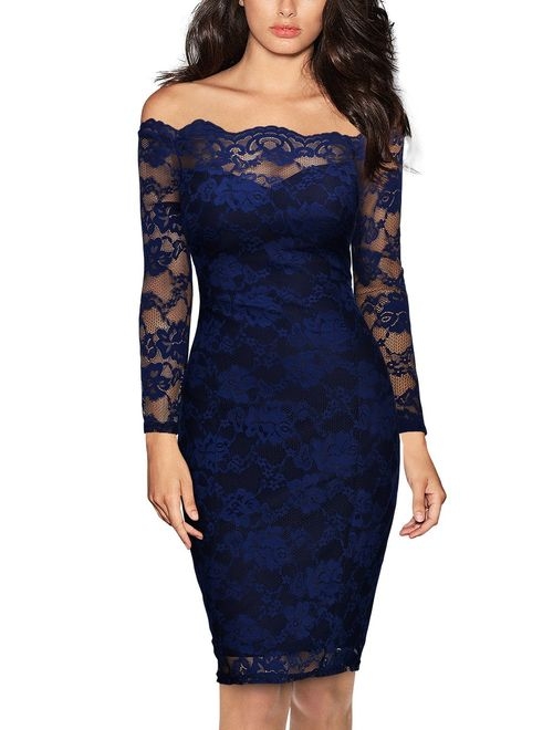 Miusol Women's Vintage Off Shoulder Flare Lace Slim Cocktail Pencil Dress