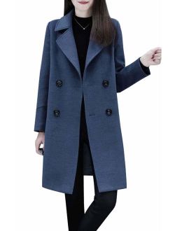 Women's Basic Essential Double Breasted Mid-Long Wool Blend Pea Coat