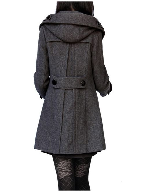 Tanming Women's Winter Double Breasted Wool Blend Long Pea Coat with Hood