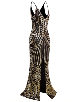 VIJIV 1920s Long Slit Prom Dresses Deep V Neck Sequin Mermaid Bridesmaid Embellished Evening Dress