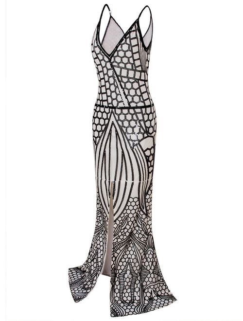 VIJIV 1920s Long Slit Prom Dresses Deep V Neck Sequin Mermaid Bridesmaid Embellished Evening Dress