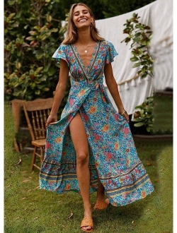 Chiffon Deep V Neck Wrap Vintage Floral Printed Flowy Boho Front Slit Belted Beach Summer Long Dress
