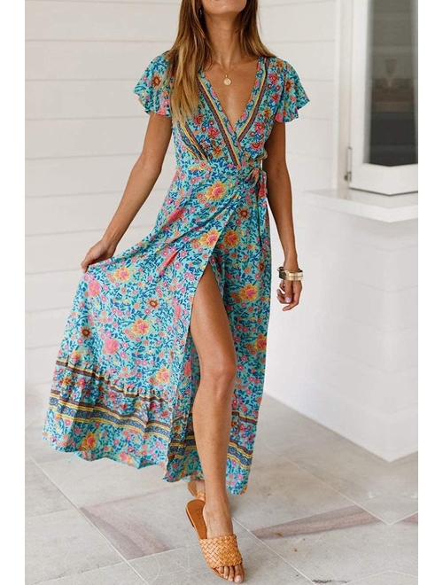 PRETTYGARDEN Chiffon Deep V Neck Wrap Vintage Floral Printed Flowy Boho Front Slit Belted Beach Summer Long Dress
