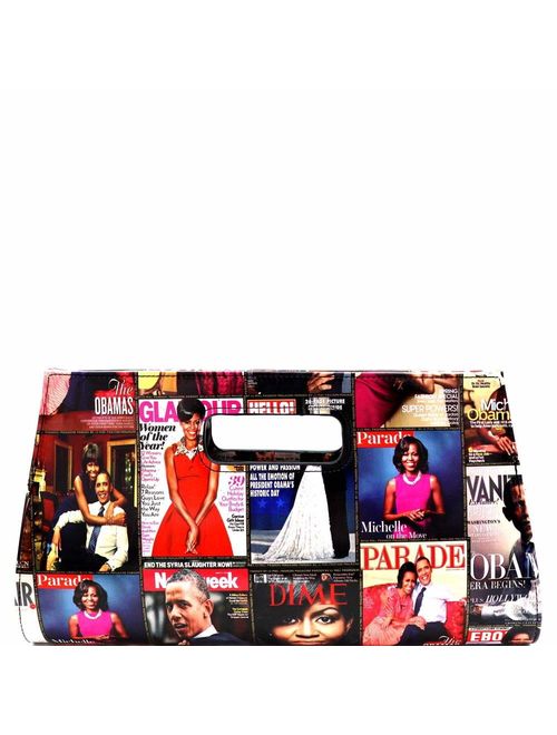 Classy Michelle Obama Magazine Cover Print Vegan Leather Patent Large Cut-out Handle Clutch Purse