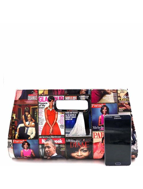 Classy Michelle Obama Magazine Cover Print Vegan Leather Patent Large Cut-out Handle Clutch Purse