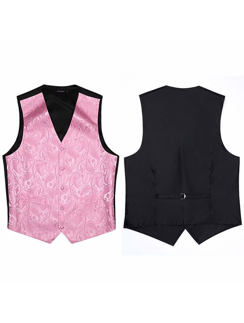 HISDERN Men's Paisley Floral Jacquard Waistcoat & Necktie and Pocket Square Vest Suit Set