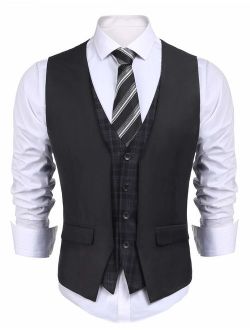 Men's Dress Suit Layered Vest V Neck Plaid Patchwork Wedding Waistcoat, Dark Grey, X-Large