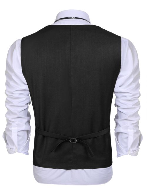 COOFANDY Men's Dress Suit Layered Vest V Neck Plaid Patchwork Wedding Waistcoat, Dark Grey, X-Large