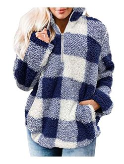 Women's Plaid Long Sleeve Zipper Sherpa Fleece Sweatshirt Pullover Jacket Coat With Pockets