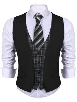 Men's Business Suit Vest Layered Plaid Dress Waistcoat for Wedding, Date, Dinner