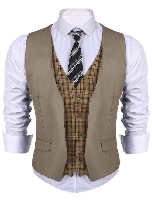 COOFANDY Men's Business Suit Vest Layered Plaid Dress Waistcoat for Wedding, Date, Dinner