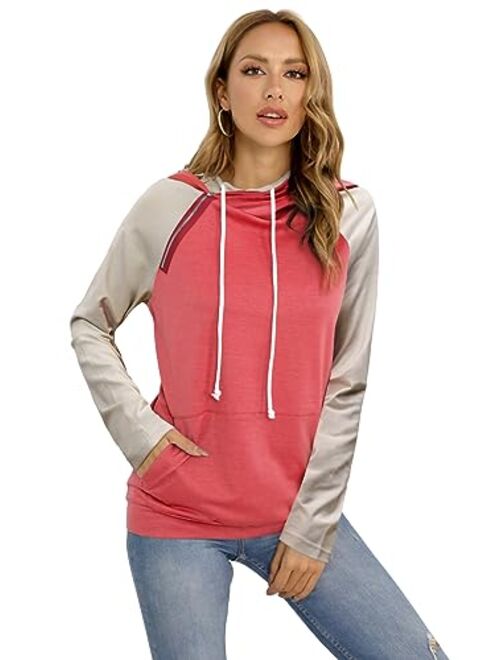 Barlver Women's Casual Hoodies Long Sleeve Sweatshirts Cowl Neck Drawstring Hooded Pullover Top with Pockets