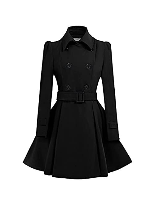 ForeMode Women's Wool Trench Coat Winter Double-Breasted Jacket with Belts