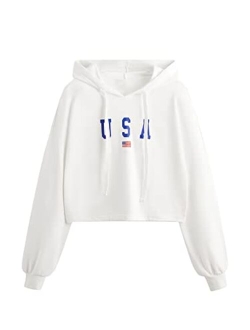 Women's Letter Print Long Sleeve Crop Top Sweatshirt Hoodies