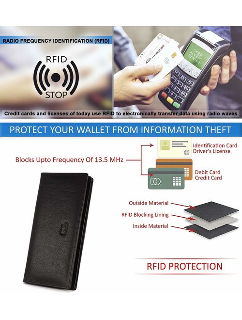 Mou Meraki Mens Vintage Genuine Leather RFID Blocking Long Wallet Bifold Wallets For Men
