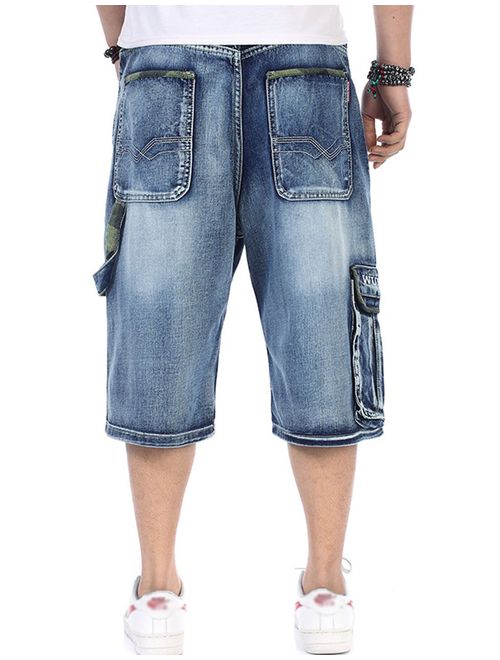 Yeokou Men's Loose Hip Hop Cropped Jeans Work Denim Shorts with Cargo Pockets