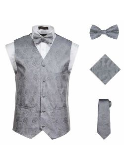 Vittorino Men's 4 Piece Formal Paisley Vest Set with Tuxedo Vest Tie Hankerchief Bow Tie