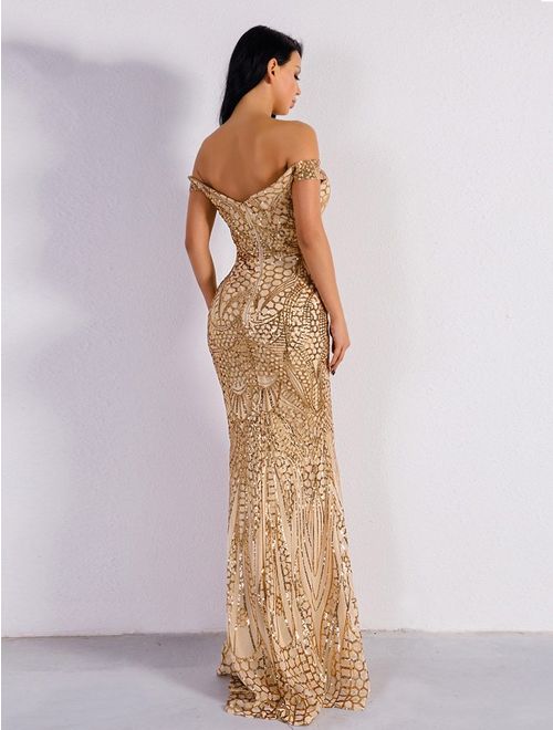 WRStore Womens Off Shoulder Bodycon Sequin Maxi Dresses Evening Party 