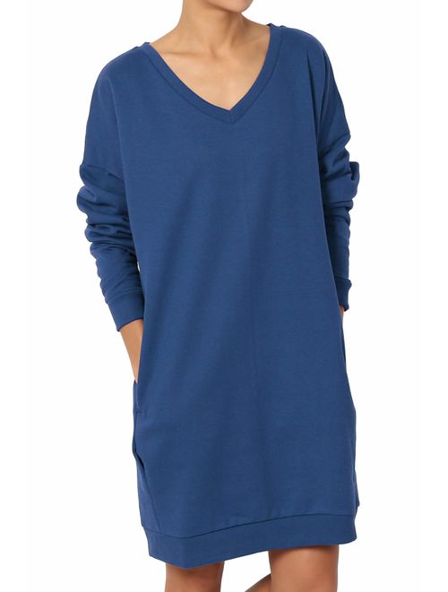 TheMogan Women's Casual V-Neck Pocket Loose Sweatshirt Tunic Sapphire S/M