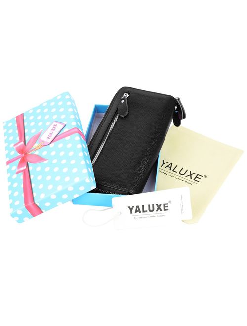 YALUXE Women's RFID Blocking Security Double Zipper Large Smartphone Wristlet Leather Wallet