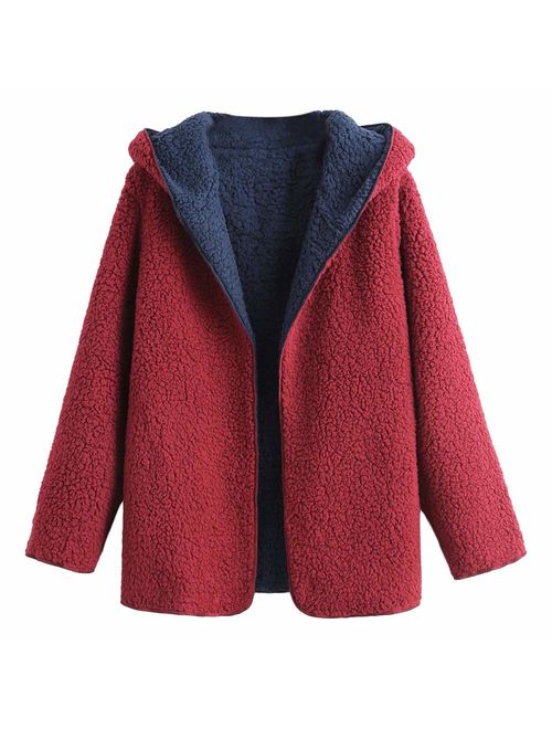 ZAFUL Womens Open Front Hooded Lamb Wool Coat Double Side Cardigan Jacket