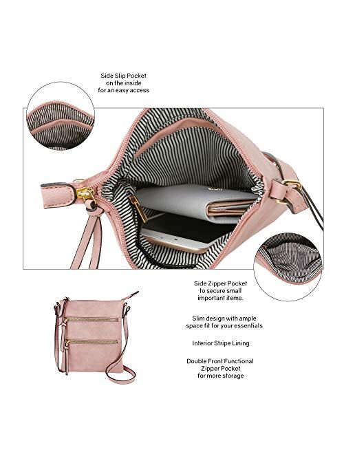 DELUXITY Essential Casual Functional Multi Pocket Double Zipper Crossbody Purse Bag for Women