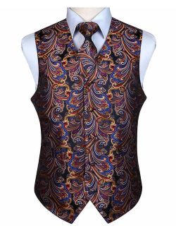 3pc Men's Paisley Floral Jacquard Waistcoat & Necktie and Pocket Square Vest Suit Set