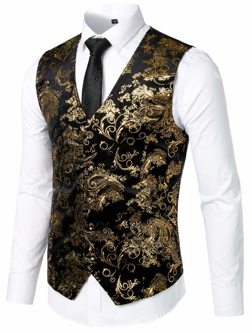ZEROYAA Mens Hipster Metallic Paisley Printed Single Breasted V-Neck Suit Vest/Tuxedo Waistcoat