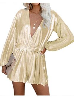 YOINS Sequin Rompers for Women Long Sleeve Jumpsuits Casual V Neck Playsuits Bandage Waist Sparkle Metallic Party Romper