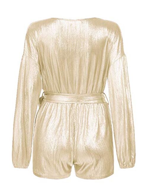 YOINS Sequin Rompers for Women Long Sleeve Jumpsuits Casual V Neck Playsuits Bandage Waist Sparkle Metallic Party Romper
