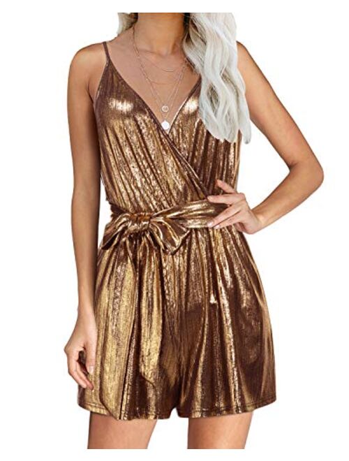 YOINS Sequin Rompers for Women Long Sleeve Jumpsuits V Neck Playsuits Bandage Sparkle Metallic Party Romper 