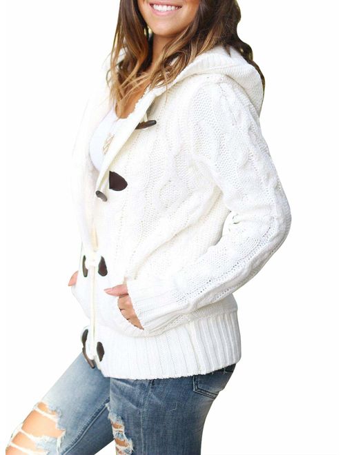Actloe Women Front Button Hooded Sweater Outwear Cable Knit Long Sleeve Cardigan with Pocket