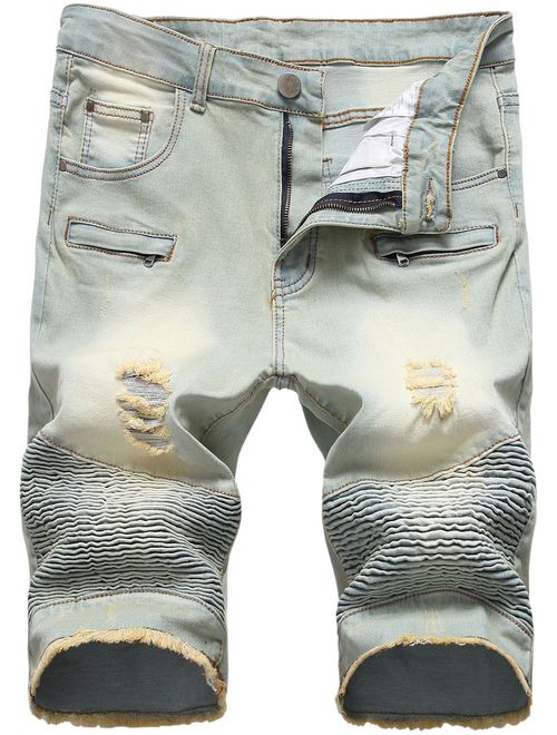 HENGAO Men's Denim Shorts with Zipper Deco