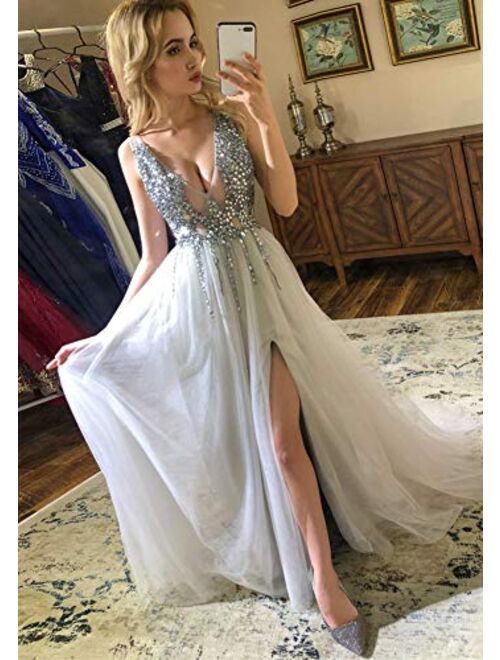 Sexy Deep V Neck Sequins Beads Tulle and Lace High Slit Long Evening Dresses Bridal Wedding Prom Dresses