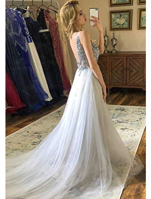 Sexy Deep V Neck Sequins Beads Tulle and Lace High Slit Long Evening Dresses Bridal Wedding Prom Dresses