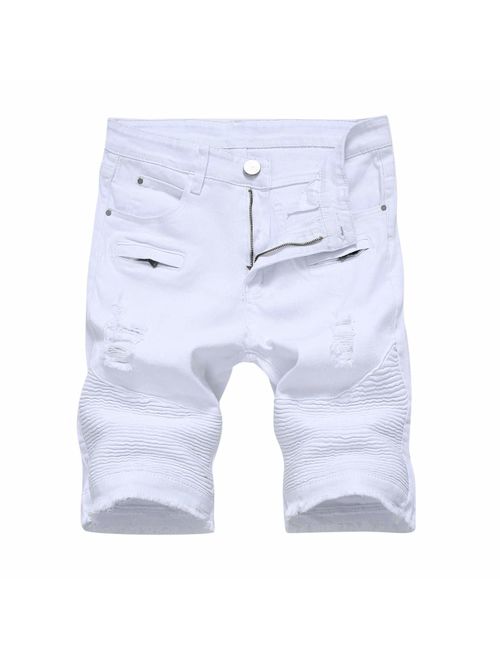 FraftO Men's Five-Cent Pants Summer Slim Jeans Shorts Mid-Waist Folds Solid Color Casual Fashion Denim Short