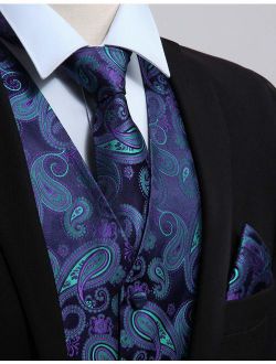 Enmain Men's Paisley Floral Jacquard Waistcoat & Necktie and Pocket Square Vest Suit Set Wedding Party