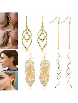 FAUOI 18K Gold Silver Plated Dangle Earrings Set Simple Long Bar Drop Double Twist Wave Threader Drop Earrings for Women Fashion(4~9PCS)