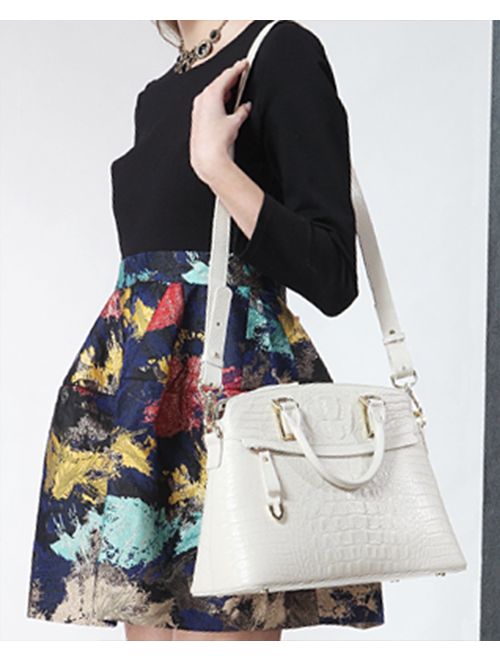 Genuine Leather Top-Handle Bags for Women Full Grain Cowhide Embossed Crocodile Purse and Handbags 