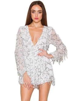 Miss ord Long Sleeve Slim Soft Lining Casual Jumpsuit Romper with Sequins