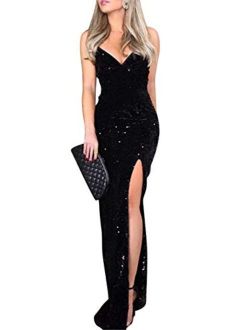 Black Sexy V Neckd Bodycon Sequin Gown Thigh High Slit Evening Dress