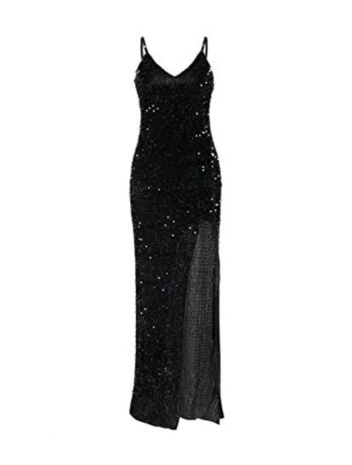 BerryGo Black Sexy V Neckd Bodycon Sequin Gown Thigh High Slit Evening Dress
