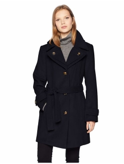 Women's Double Lapel Thigh Length Button Front Wool Coat with Belt