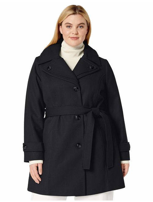 London Fog Women's Double Lapel Thigh Length Button Front Wool Coat with Belt